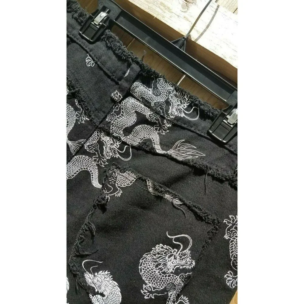 Women's Denim Shorts Size L by Shein Black w/White Dragon Print Frayed